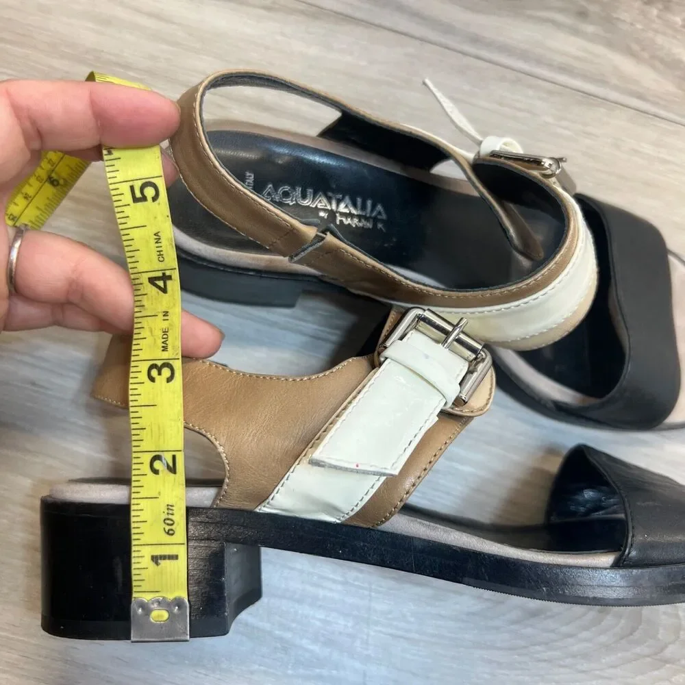 Aquatalia‎ Women’s Cream Slingback Leather Low Block Heel Sandals Size 7.5